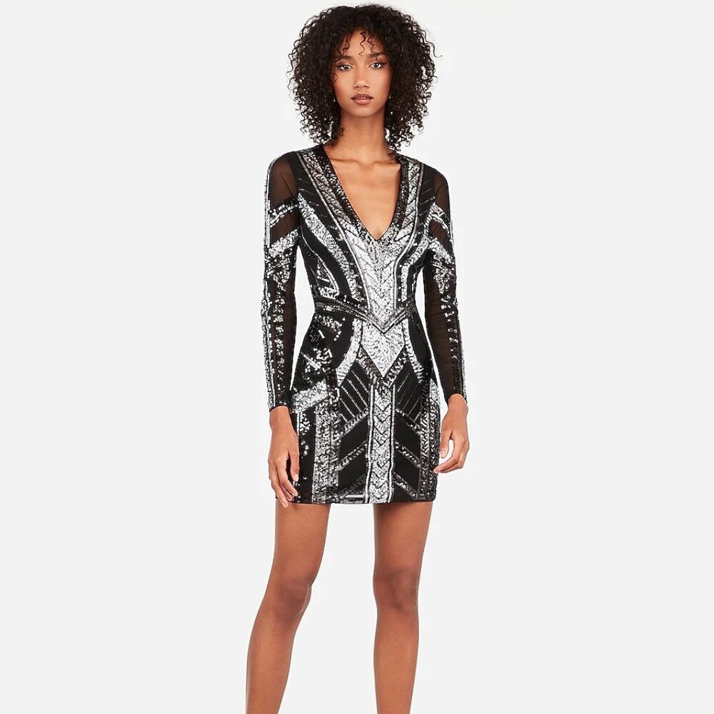 NWT Express Sexy Black and Silver Sequin Long Sleeved V Neck Dress Size Small